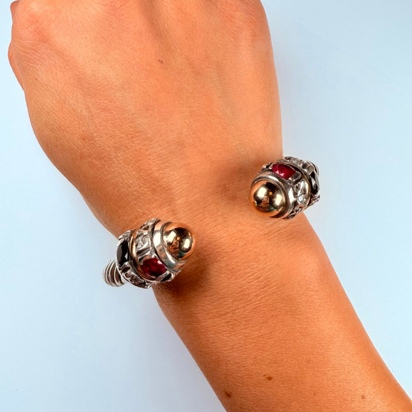 14K Gold Renaissance Ruby & Spinel Cable Cuff Sterling Silver 925 Bracelet - Picture 8 of 11